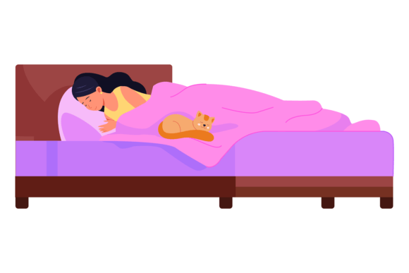 Cozy Home Bed with Sleeping Woman and Cu